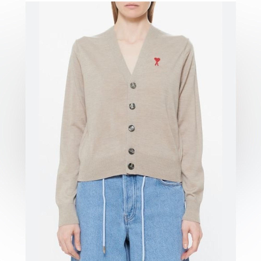 New Ami Paris Logo Tan Button-Up Cardigan